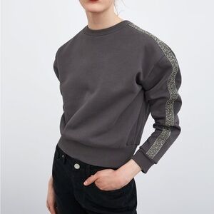 ZARA WOMAN  Large GRAY SWEATSHIRT RHINESTONE DETAIL ON SLEEVES